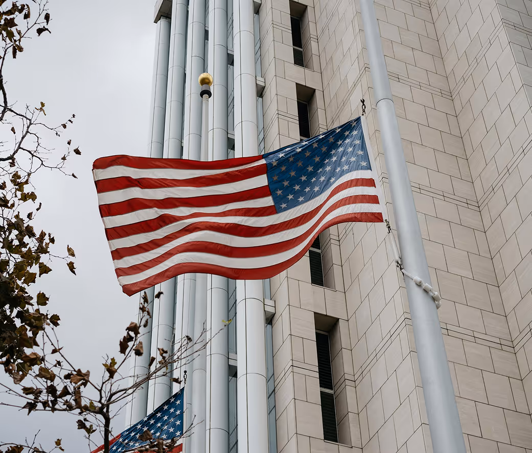 American flag waving outdoors in front of trees.