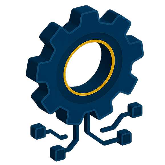 Gear icon in blue with yellow highlights, symbolizing AI.