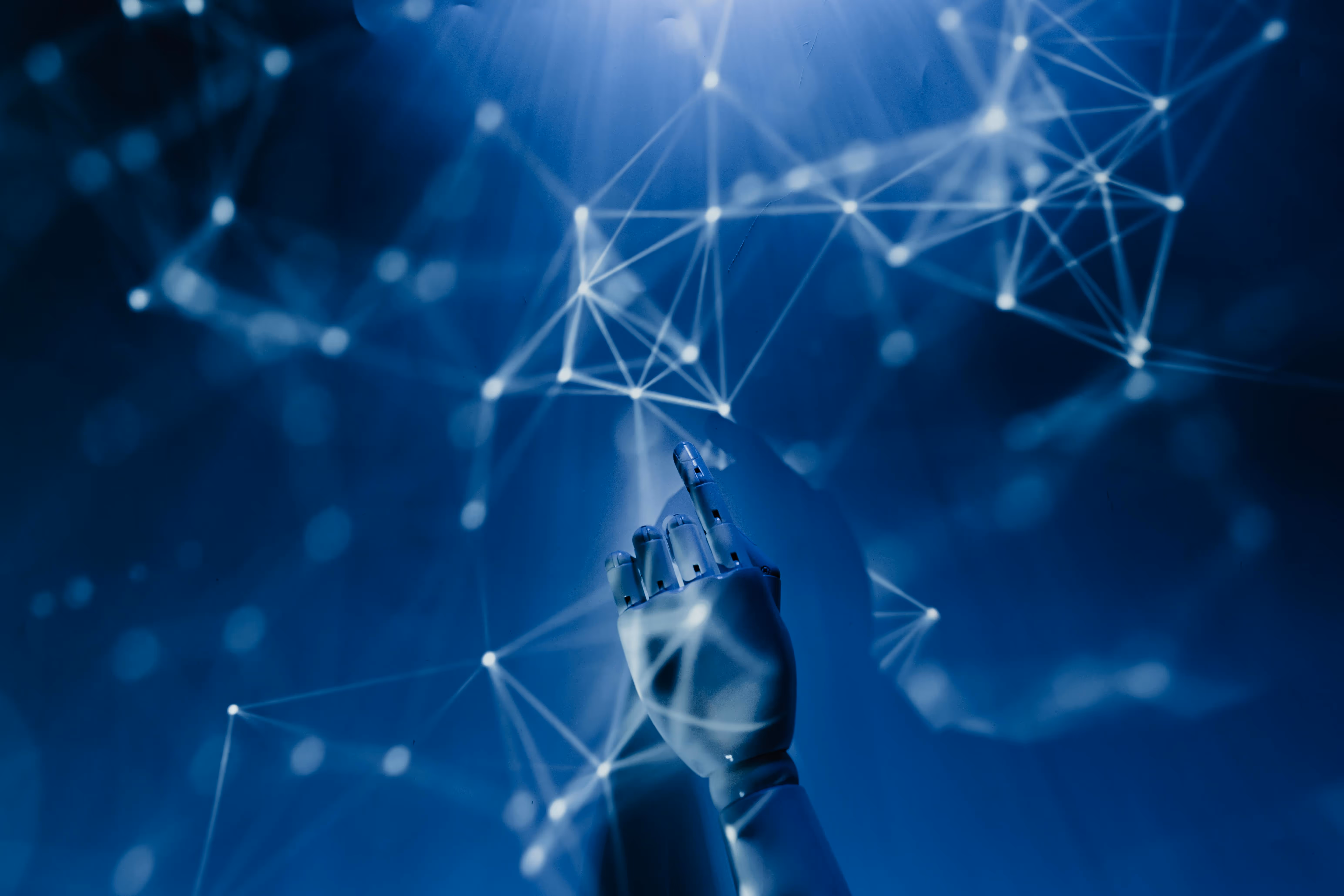 Abstract visualization of a glowing digital network.