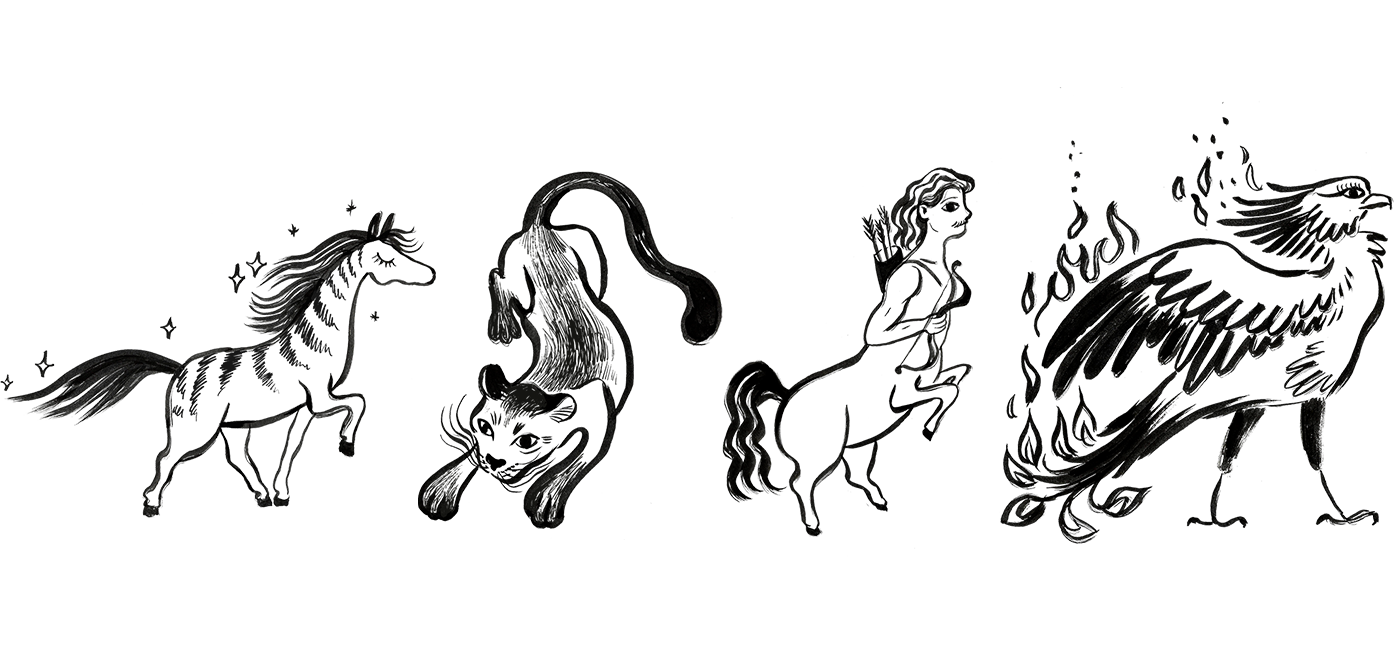 Black ink drawings of a rearing horse, a crouching panther, a centaur with a bow and arrow, and a fire-engulfed phoenix.