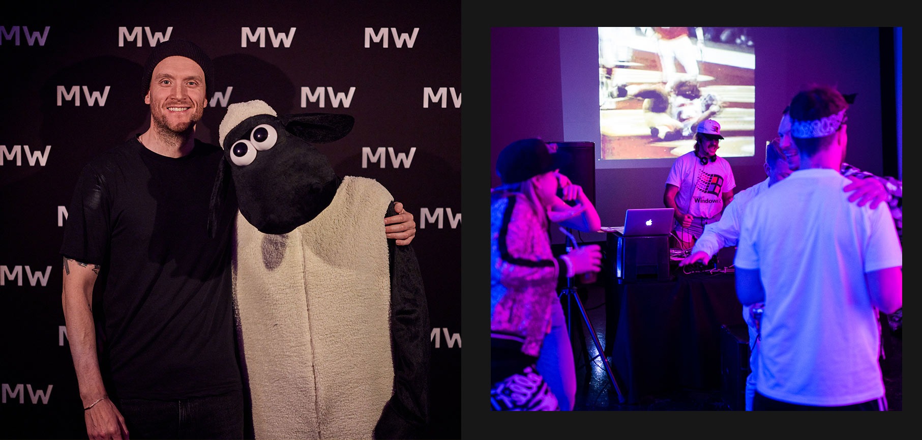 A man in a black shirt and beanie posing with a person in a Shaun the Sheep costume at an event with MW logos.