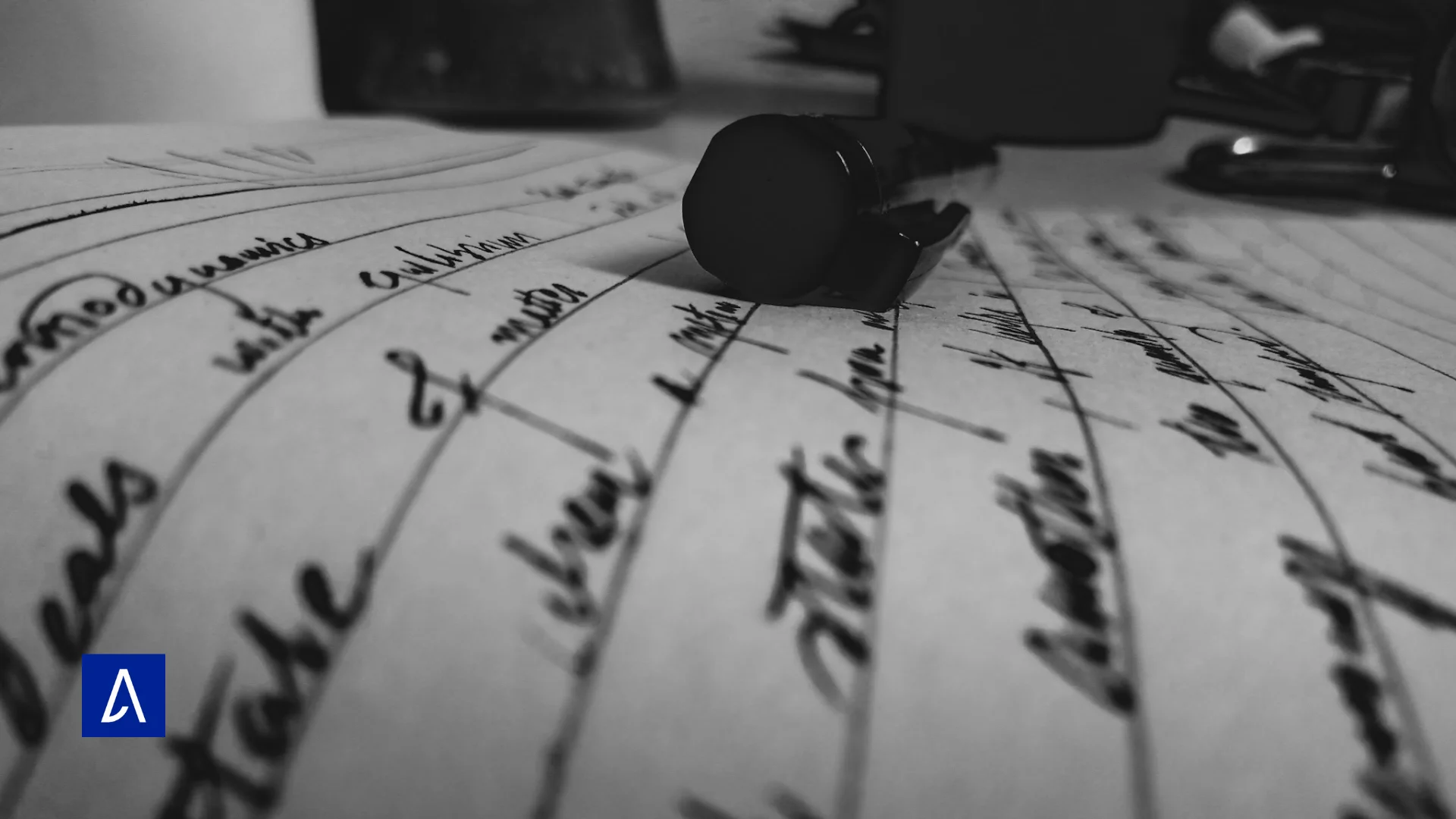 Gros plan en noir et blanc sur des notes manuscrites avec un stylo posé sur une feuille