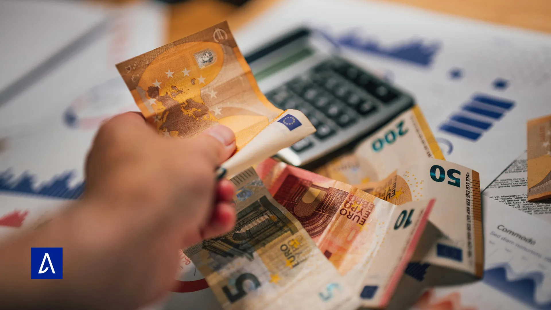 Argent en euros et calculatrice illustrant les revenus générés grâce au copywriting et au marketing digital.