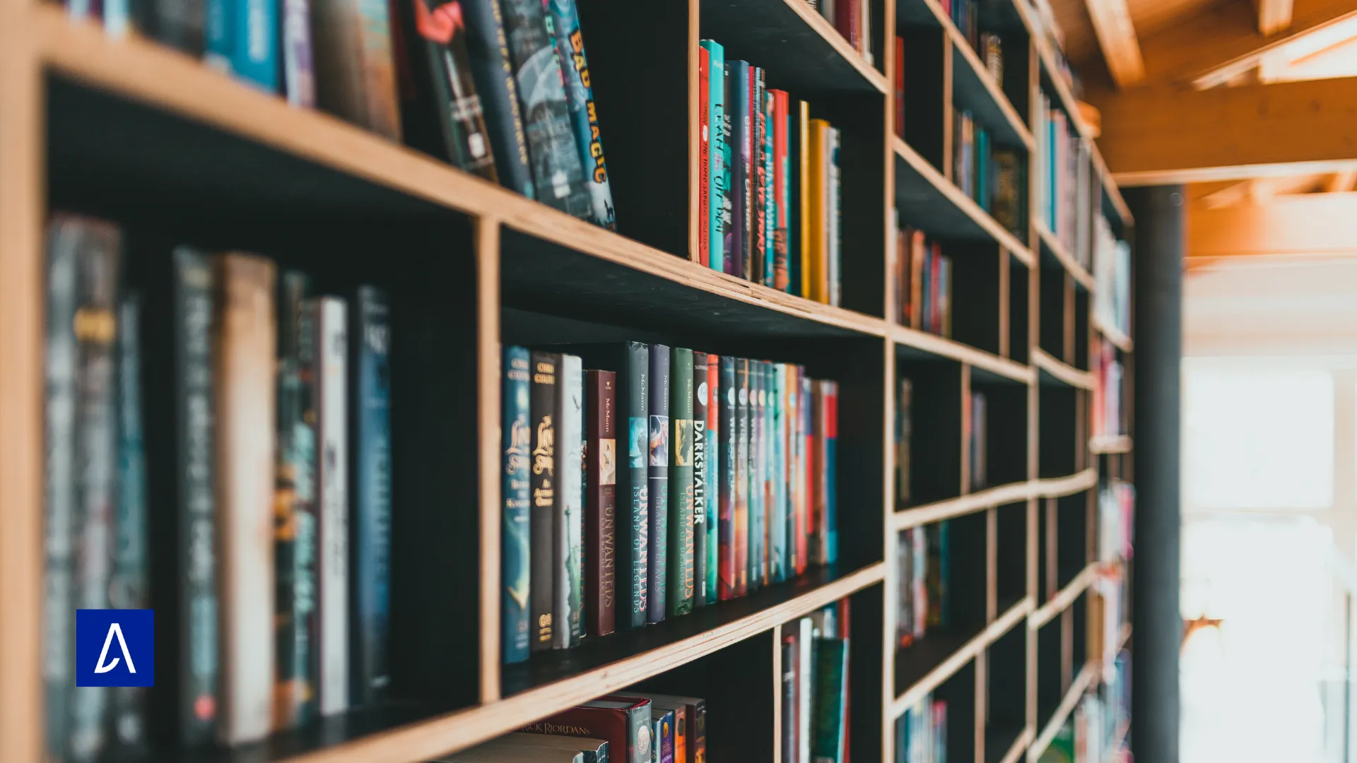 Bibliothèque remplie de livres – symbole de l’apprentissage et des ressources en copywriting.