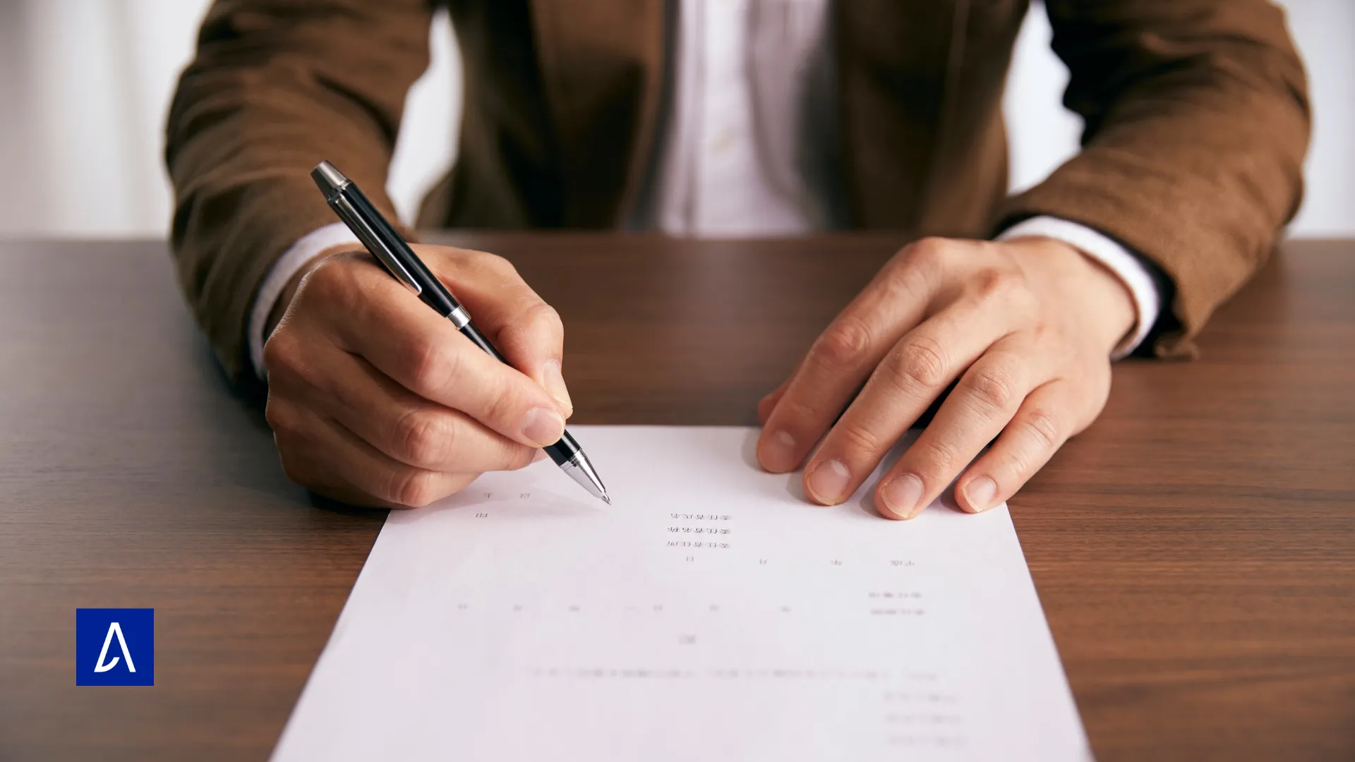 Gros plan d’un homme signant un document avec un stylo sur un bureau en bois.
