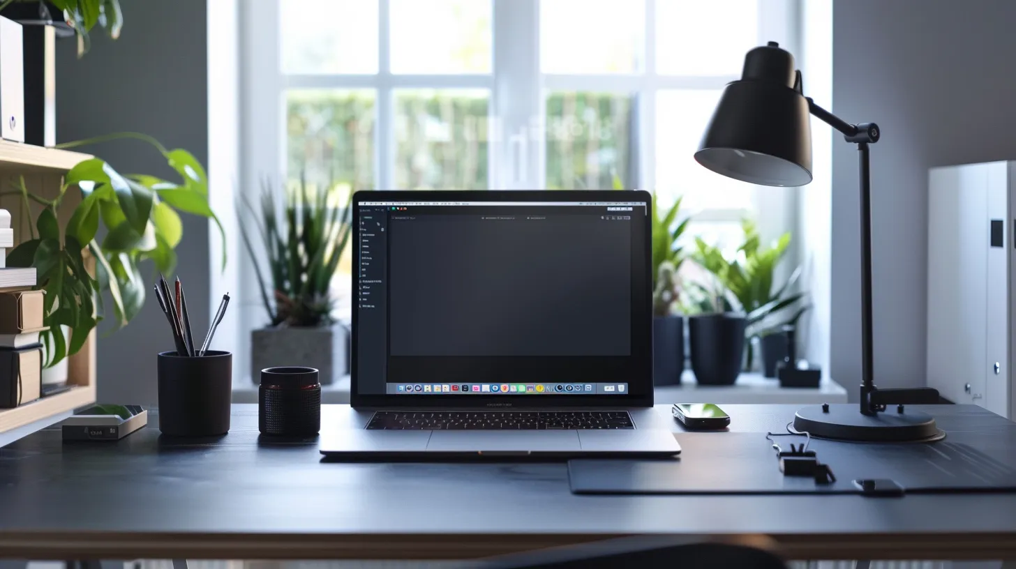 Bureau moderne avec un ordinateur portable allumé, lampe de bureau et plantes vertes en arrière-plan.