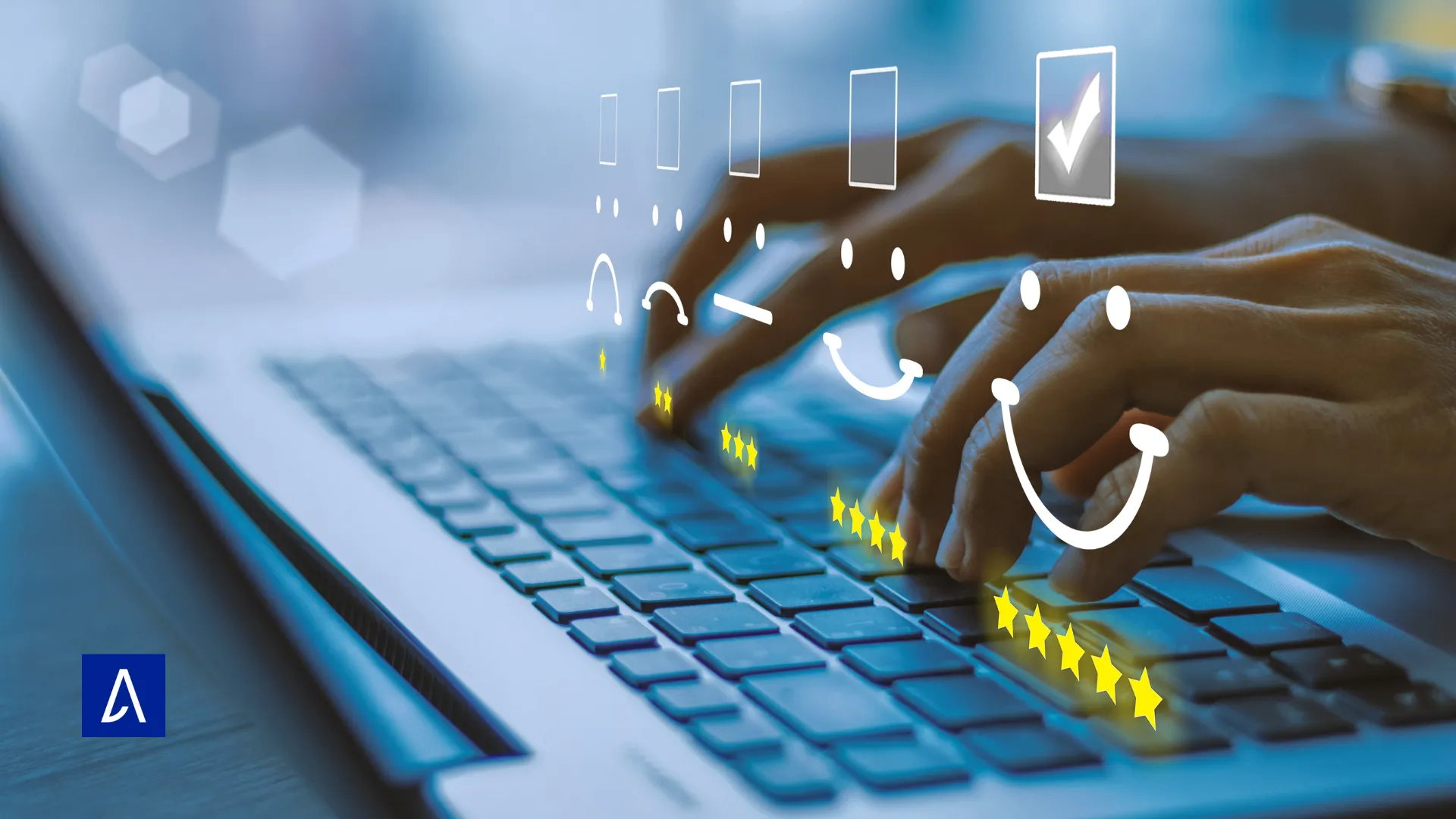 Mains tapant sur un clavier avec des icônes de satisfaction et des étoiles de notation.