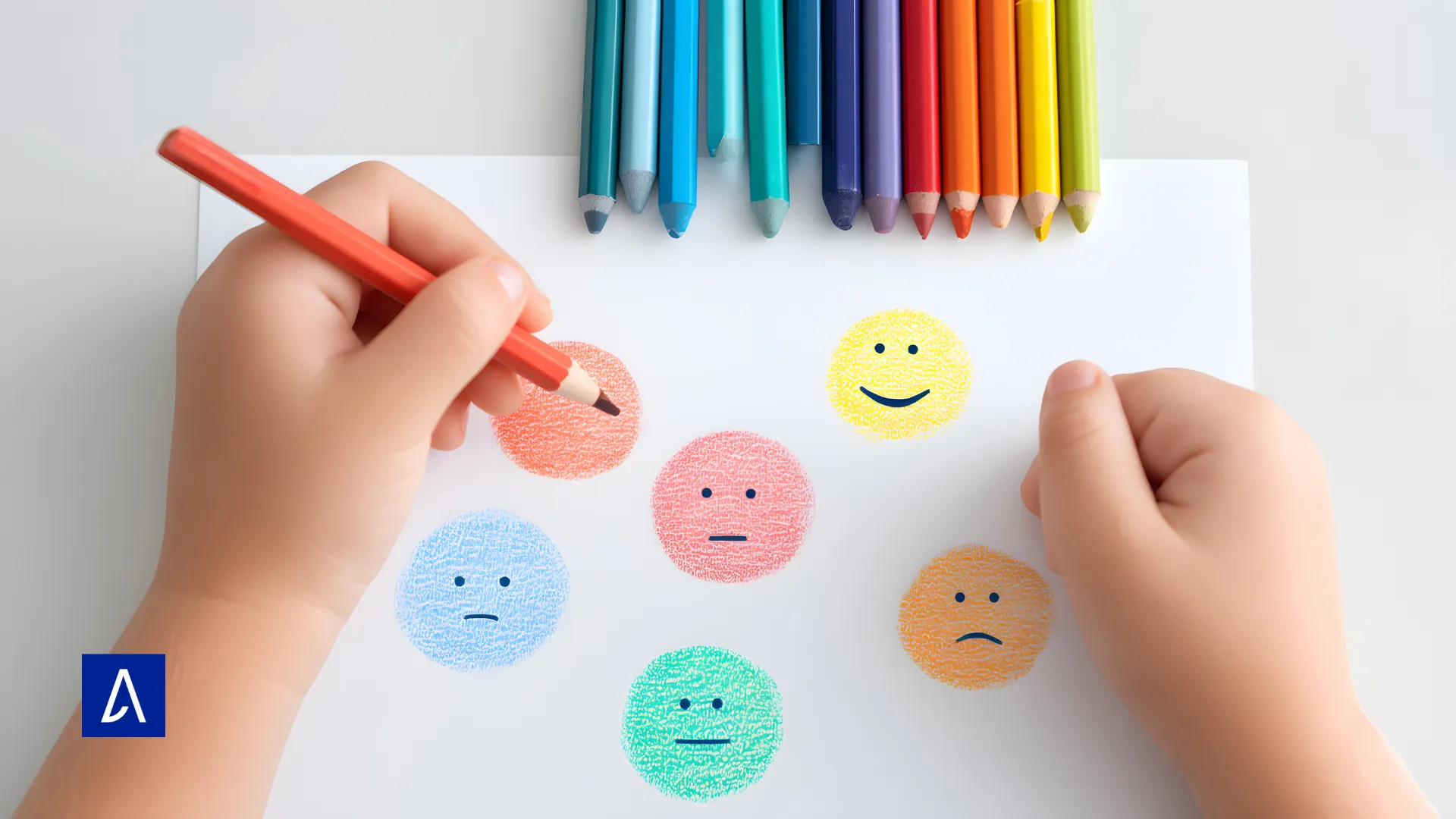 Mains d’enfant dessinant des visages colorés exprimant différentes émotions, symbolisant l’apprentissage émotionnel ou la créativité.