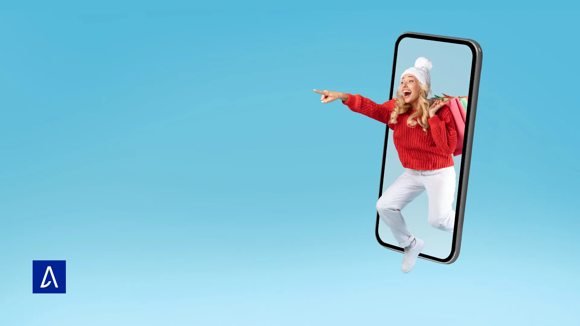 Femme joyeuse sortant d’un téléphone géant sur fond bleu, tenant des sacs de shopping, symbolisant l’achat en ligne ou le marketing digital.