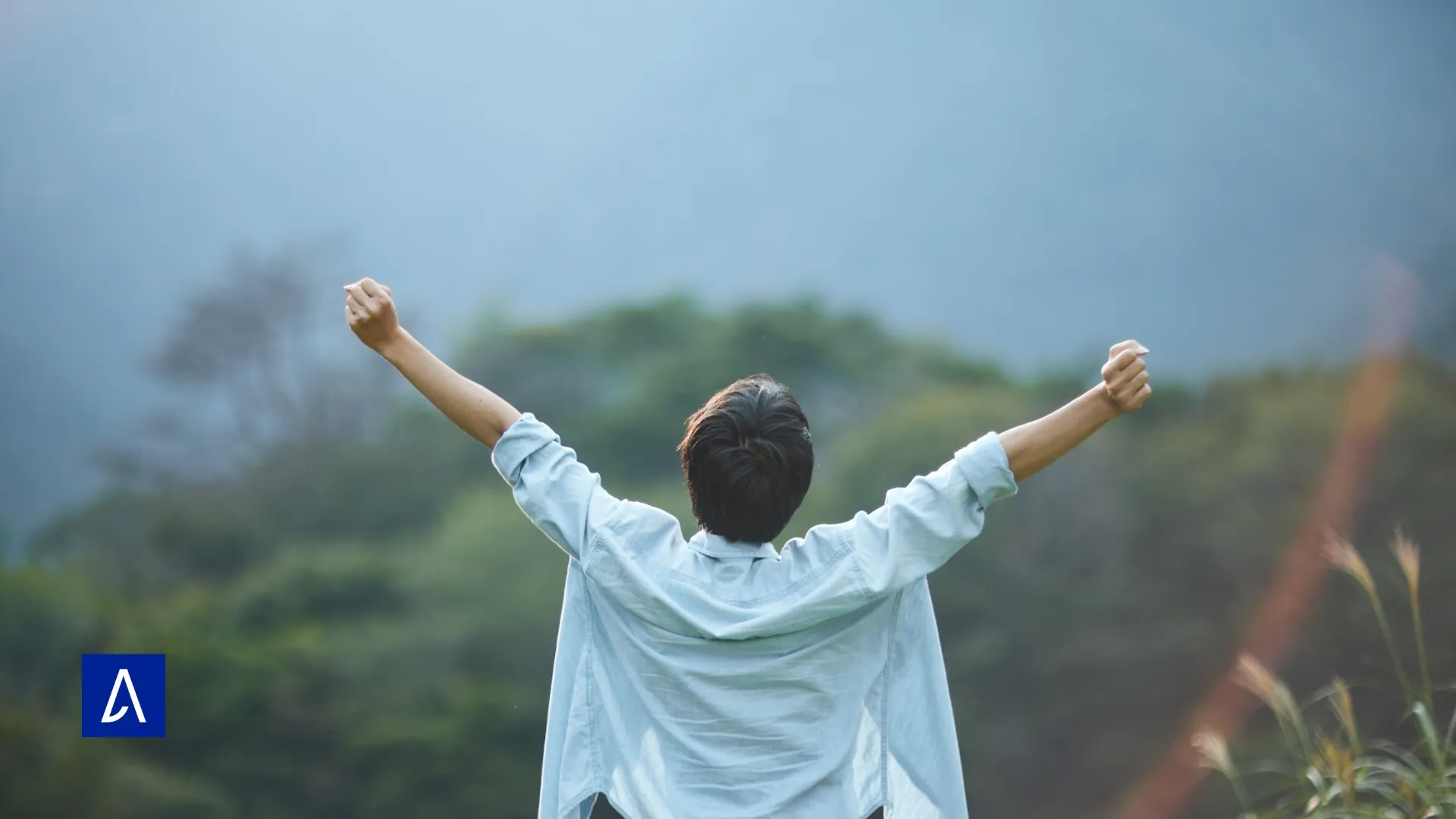 Personne de dos levant les bras en signe de réussite face à un paysage naturel, évoquant la liberté et la motivation.