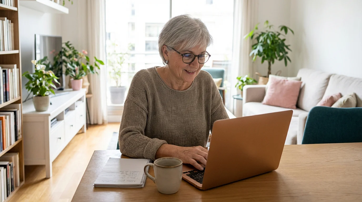 Senior européen rédigeant des textes de copywriting depuis son domicile