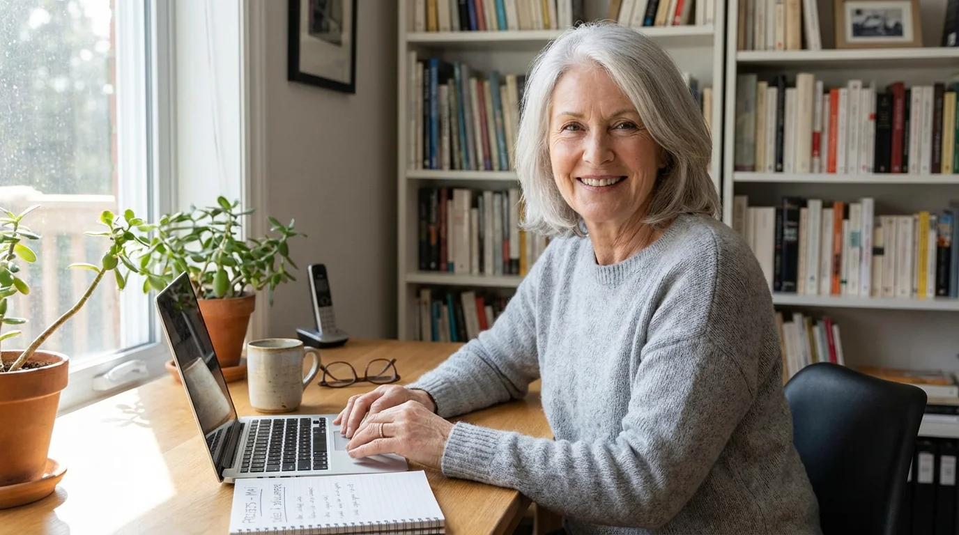 Retraité travaillant à domicile sur un ordinateur portable dans un bureau lumineux