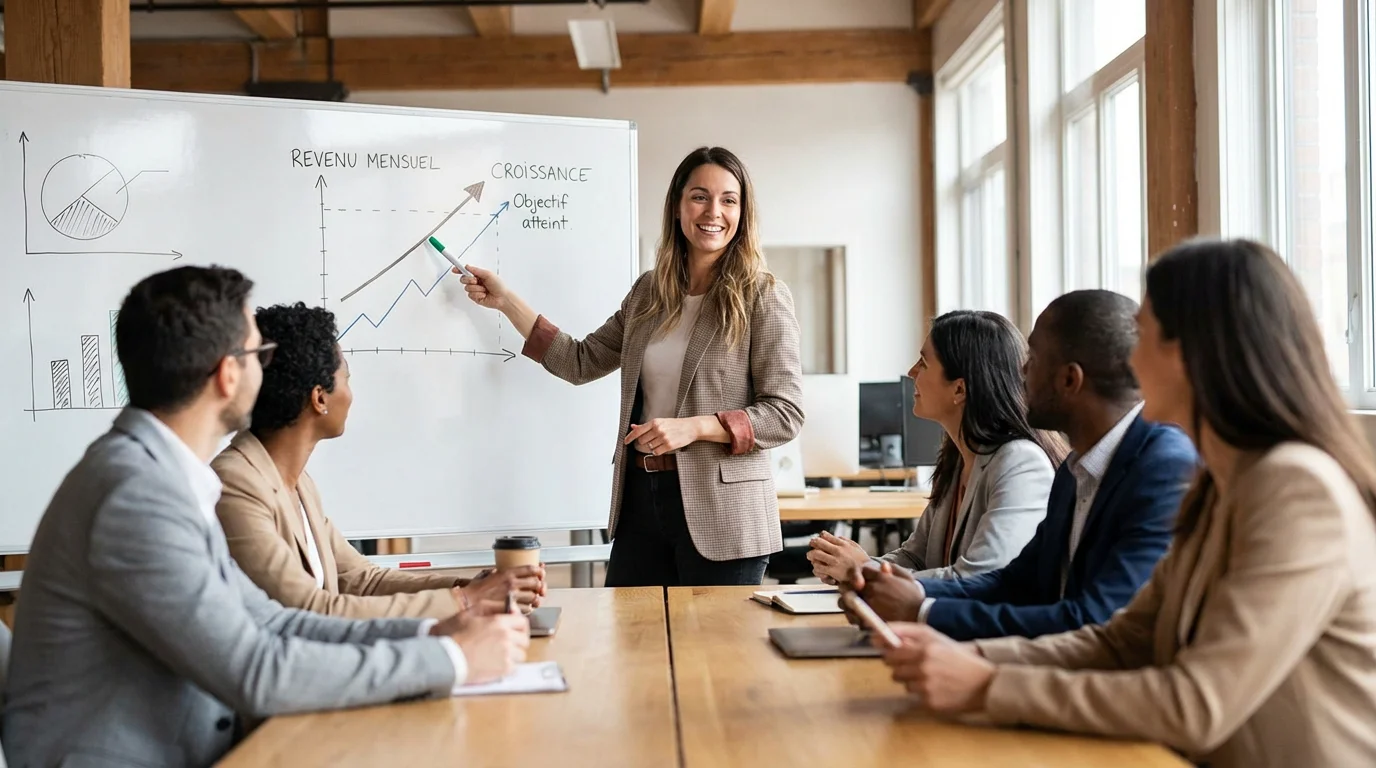 Professionnel présentant une courbe de croissance des revenus copywriter