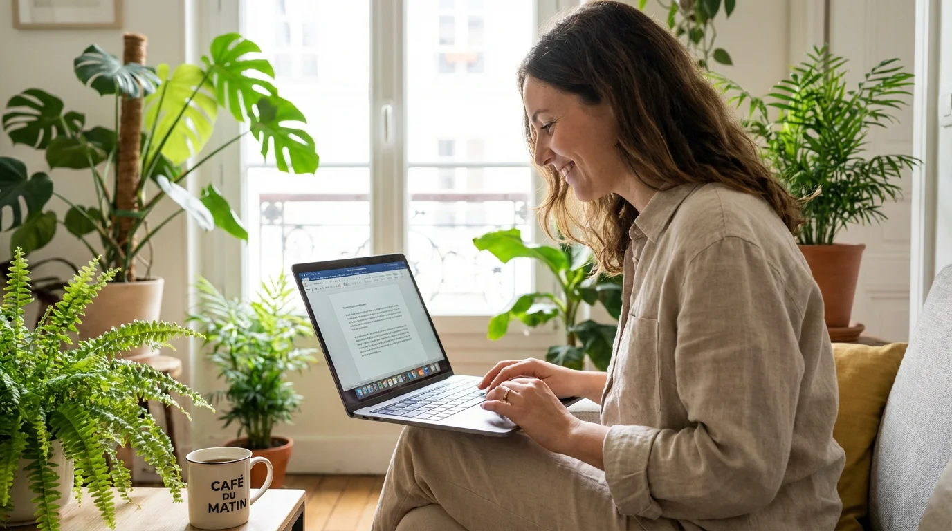 Freelance européen travaillant depuis un espace lumineux avec son ordinateur portable