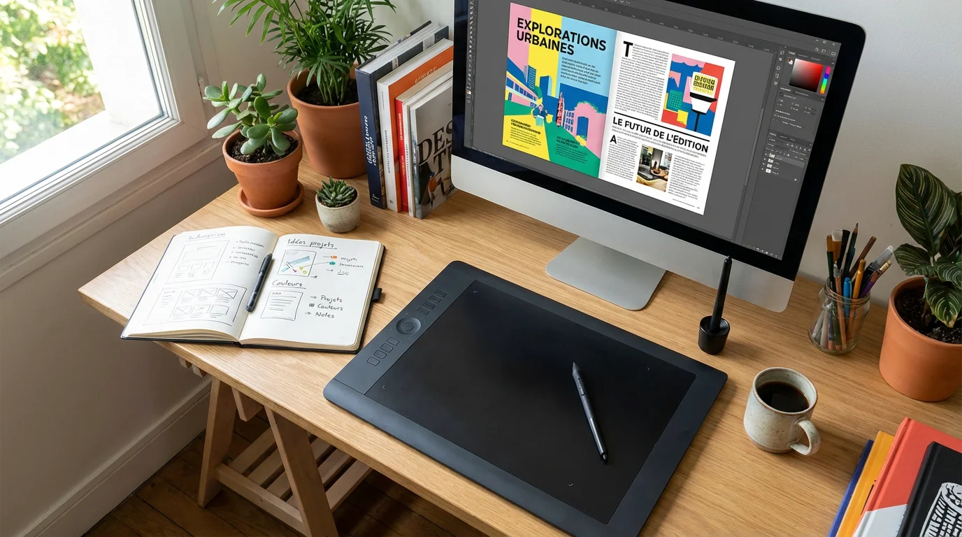 Bureau de graphiste freelance avec tablette graphique et maquette en cours