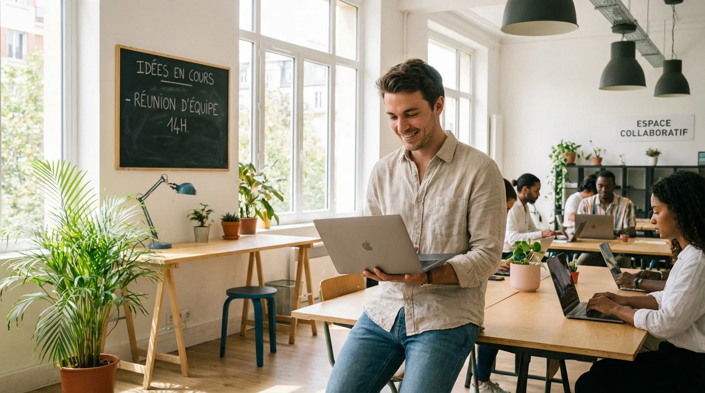 Freelance européen travaillant sur son ordinateur dans un espace de coworking lumineux