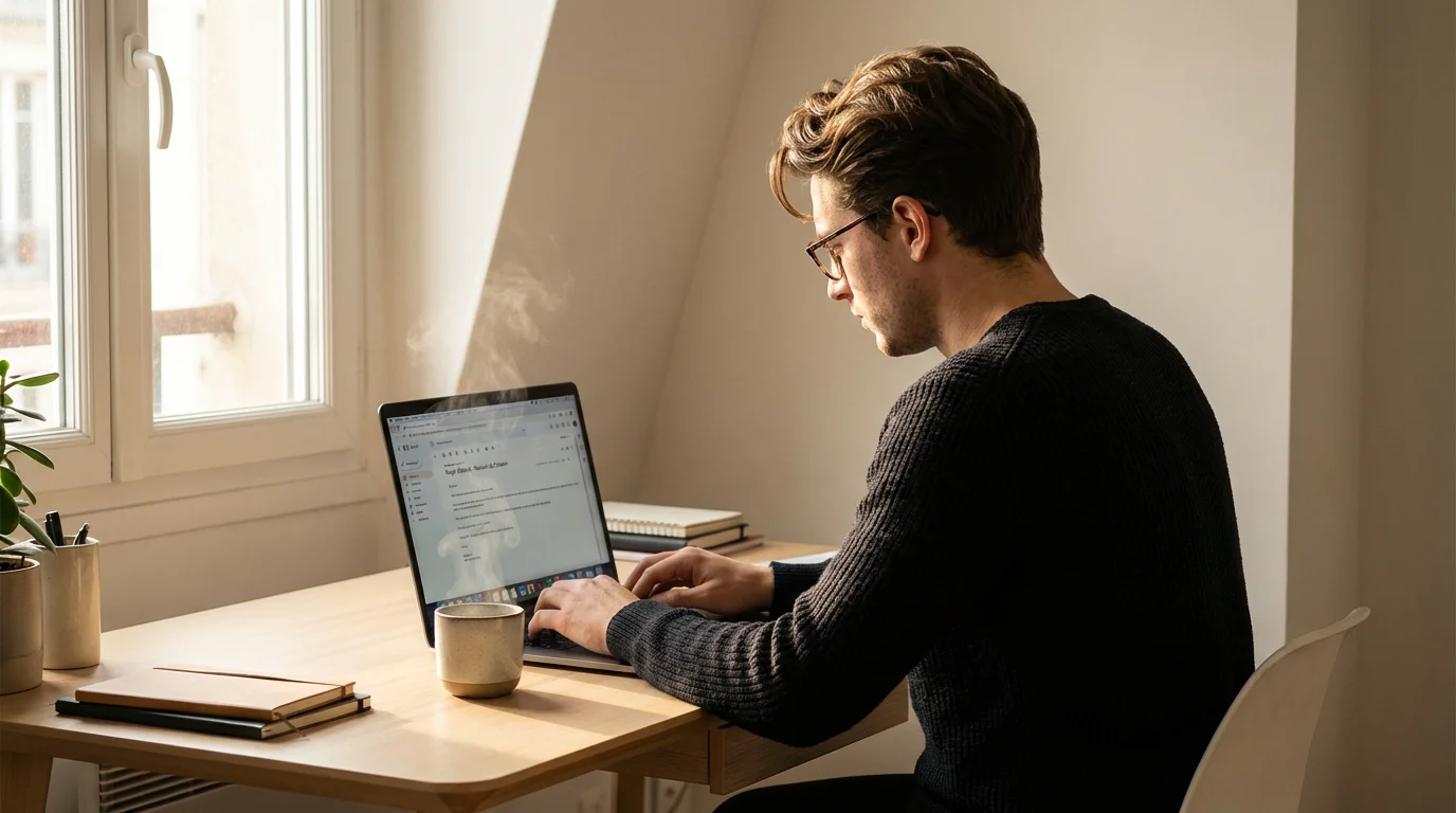 Email copywriter travaillant sur une séquence email à son bureau