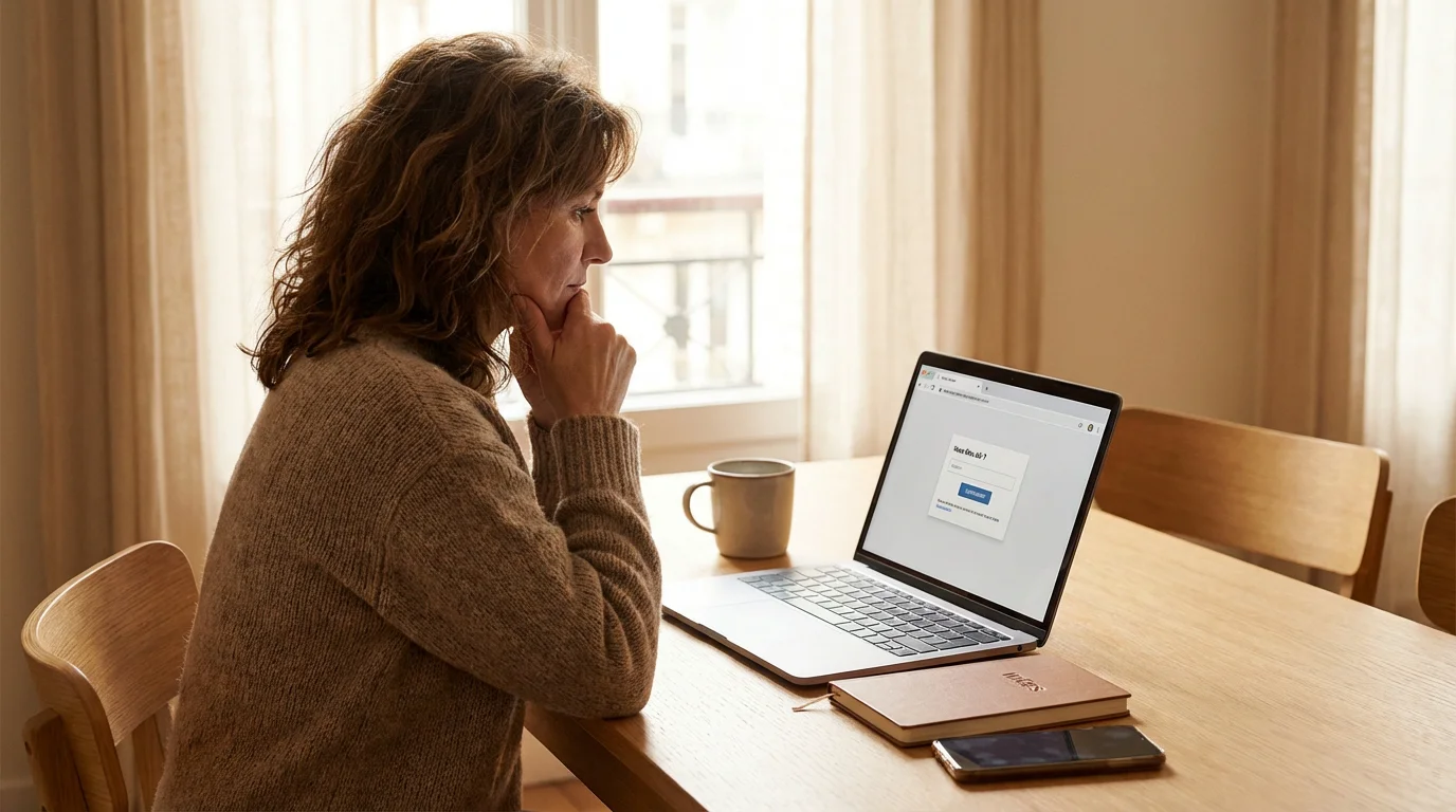 Personne hésitant devant son écran d'ordinateur avant de se mettre au travail