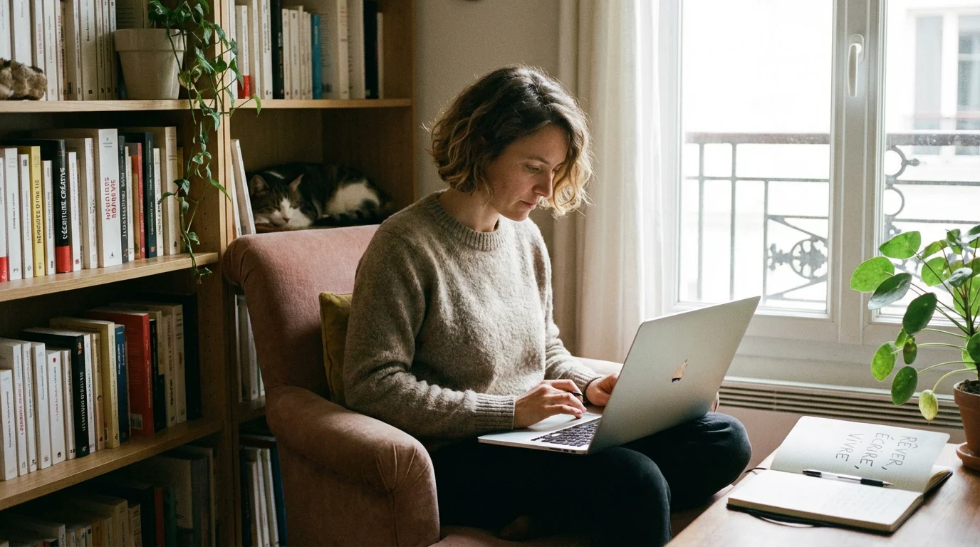 Copywriter freelance travaillant depuis chez soi sur son ordinateur portable