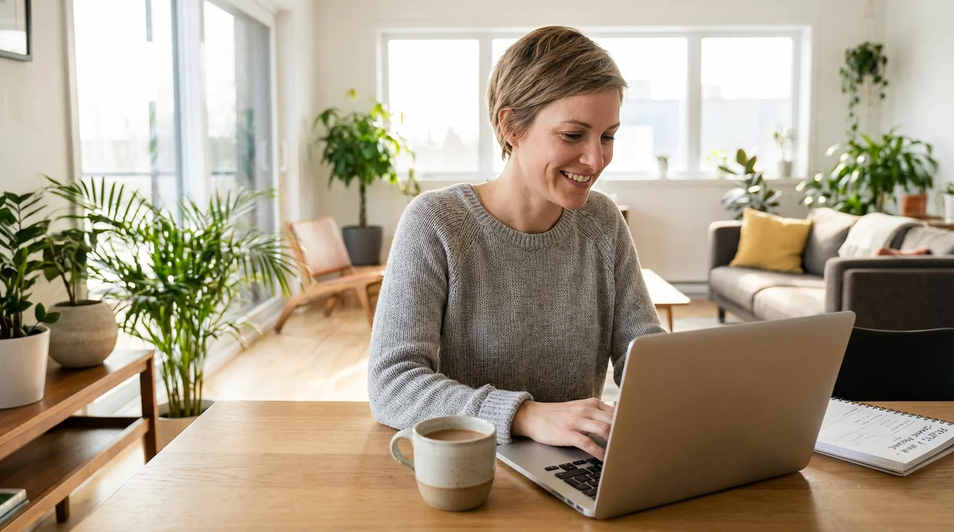 Personne travaillant en ligne depuis son salon sur un ordinateur portable