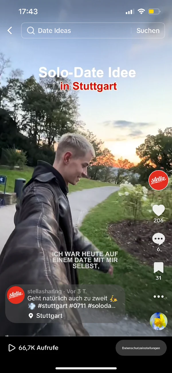 TikTok-Screenshot: Solo-Date-Idee in Stuttgart mit Suchfeld, Texteinblendung und Caption von stellasharing
