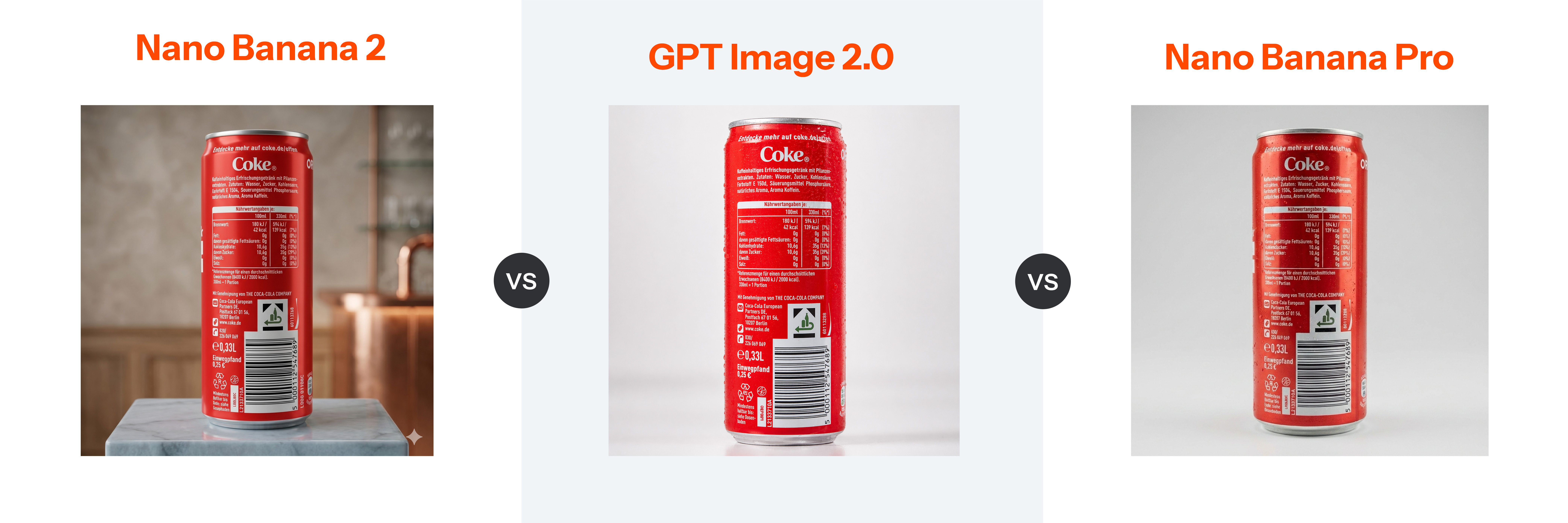 Vergleich Produktbild Coke-Dose Nano Banana 2 vs. GPT Image 2.0