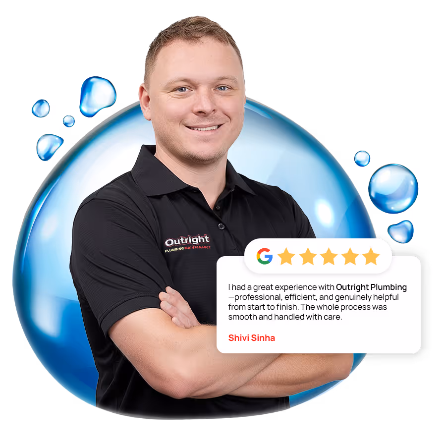 Smiling plumbing professional in black shirt with water bubble background