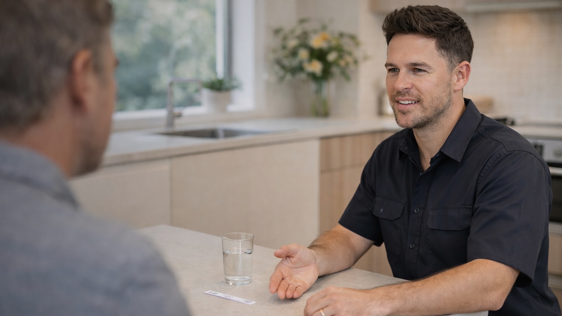 Two men sitting at a kitchen table, one facing the camera and gesturing near a glass of water and a test strip.