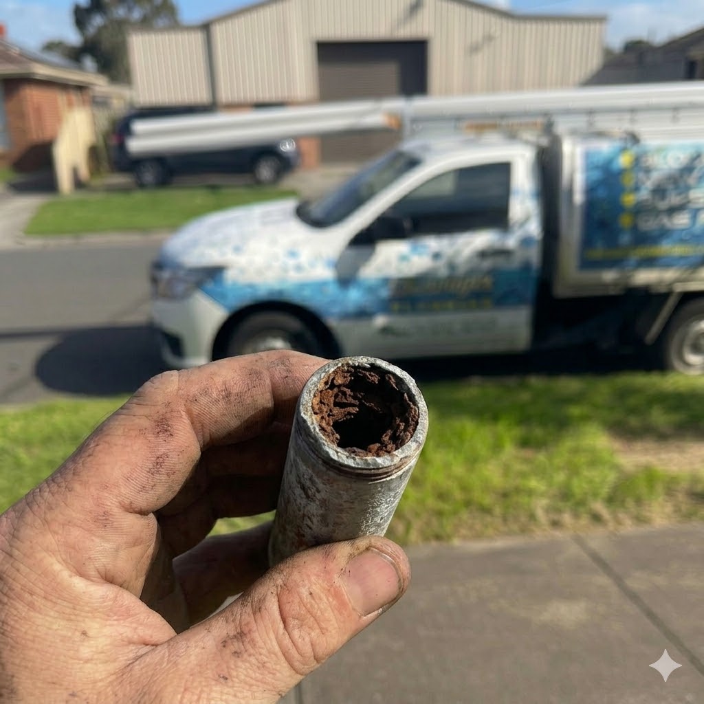 Corroded galvanised steel pipe section pulled from an older South East Melbourne home — Outright Plumbing