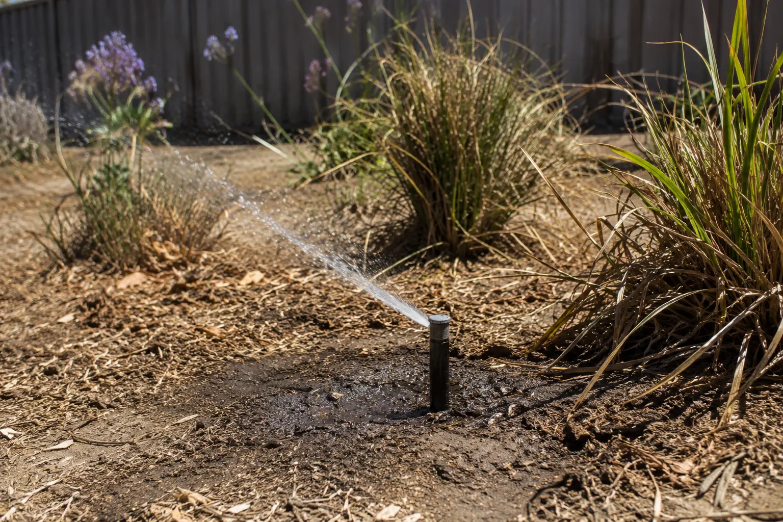 A pop-up sprinkler running in a dry, sun-bleached Melbourne garden bed in mid-summer.