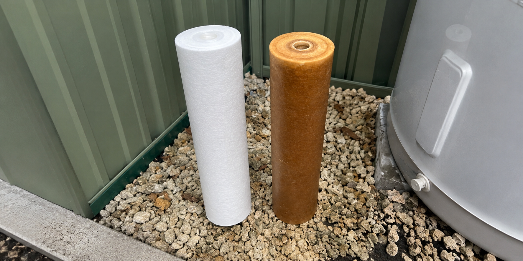 A clean white water filter beside a rust-orange filter pulled after six months on Melbourne mains water