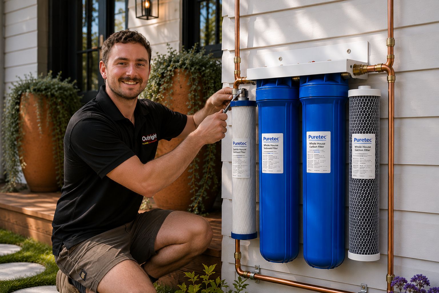 An Outright Plumbing licensed plumber installing a water filtration system in a Melbourne home