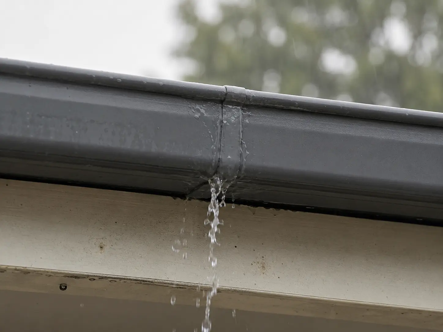 Water leaking from the joint of a house gutter