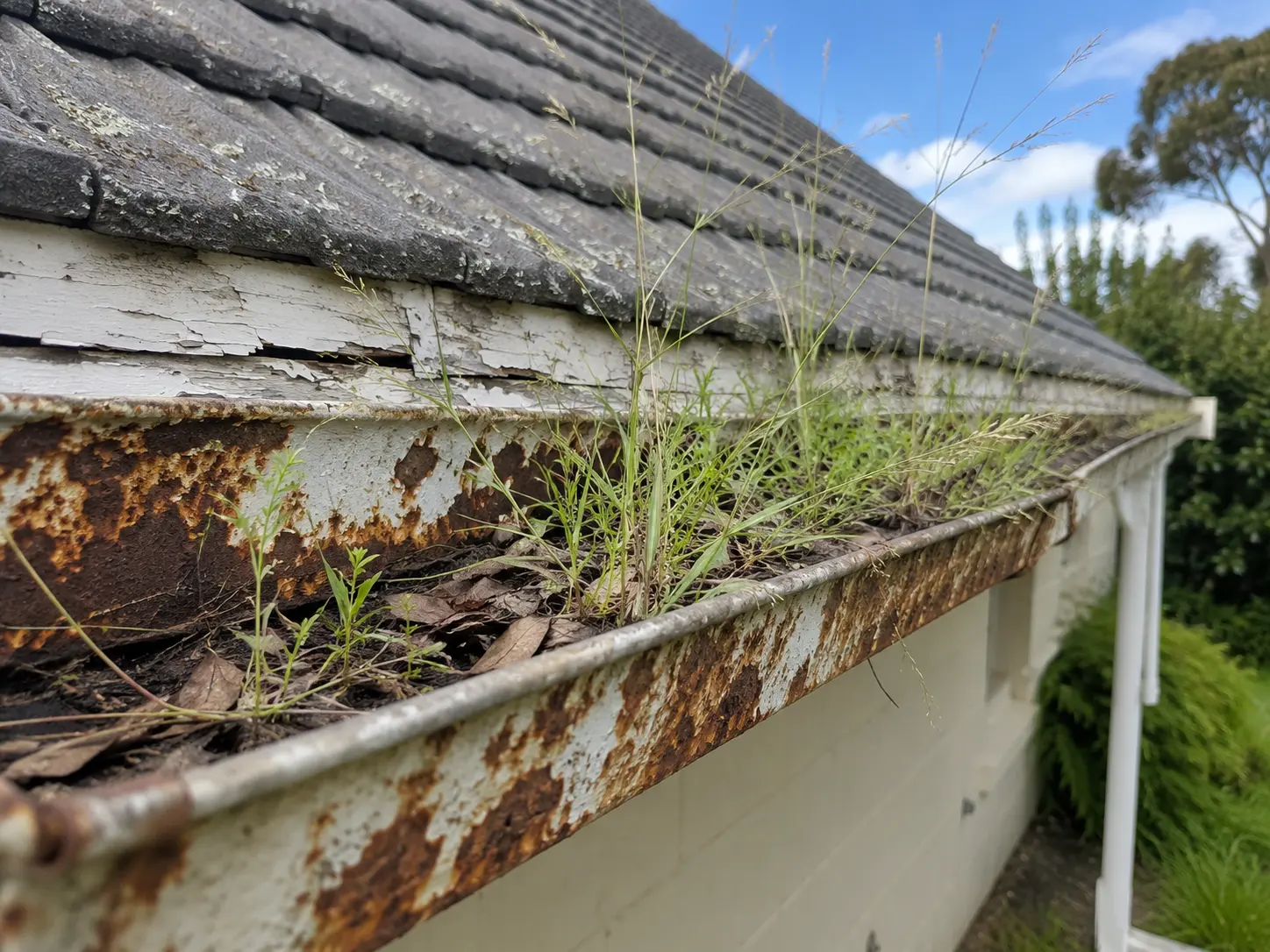 A rusty gutter with plants growing in it