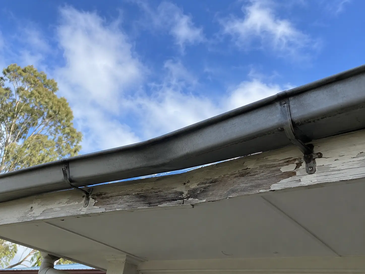 A sagging house gutter pulling away from the fascia
