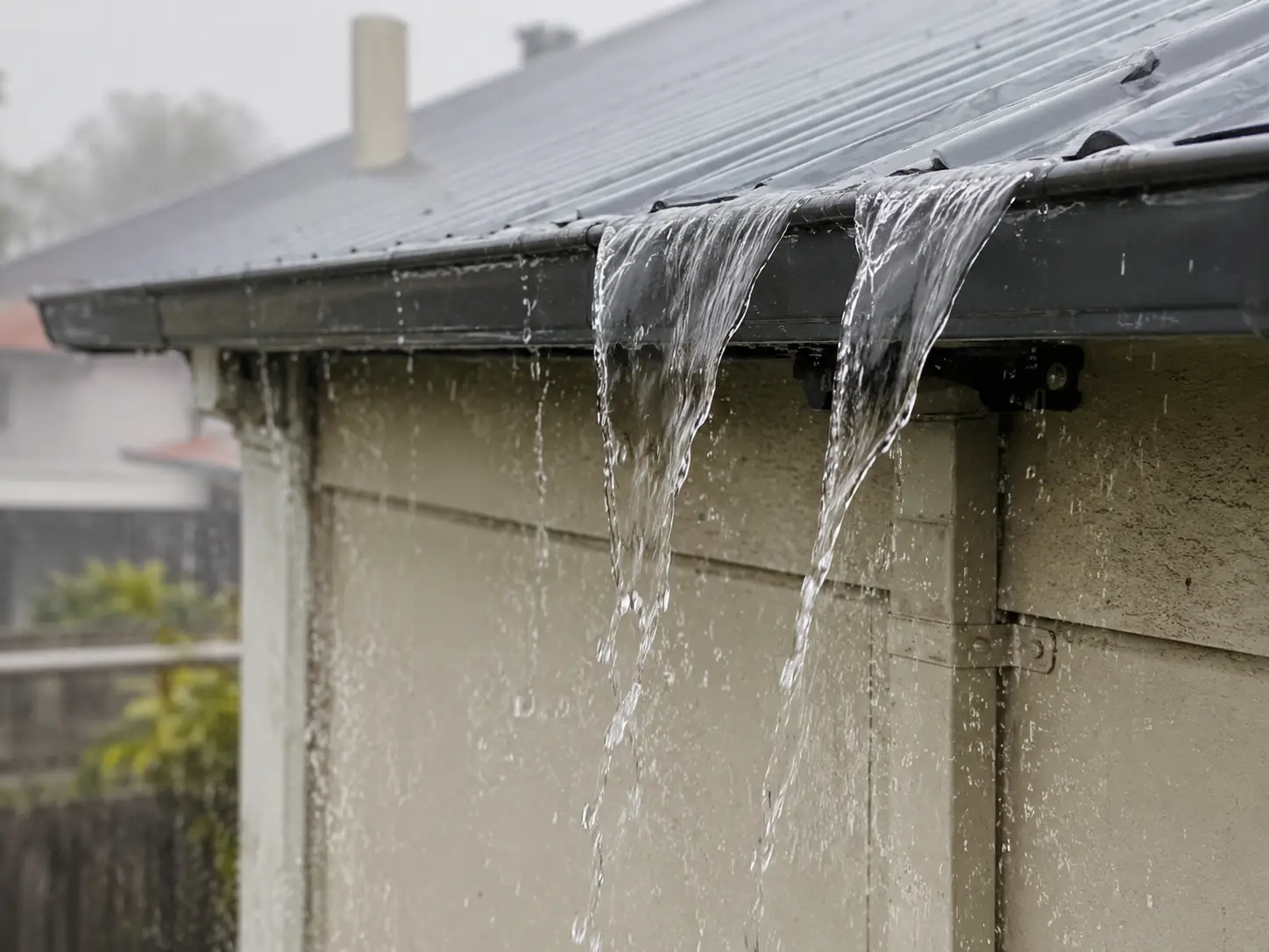 A house gutter overflowing over its front edge during heavy rain