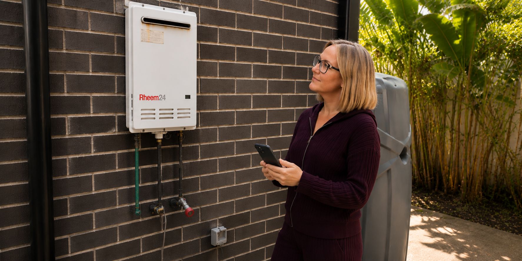 Melbourne homeowner checking the data plate on a Rheem continuous flow hot water system