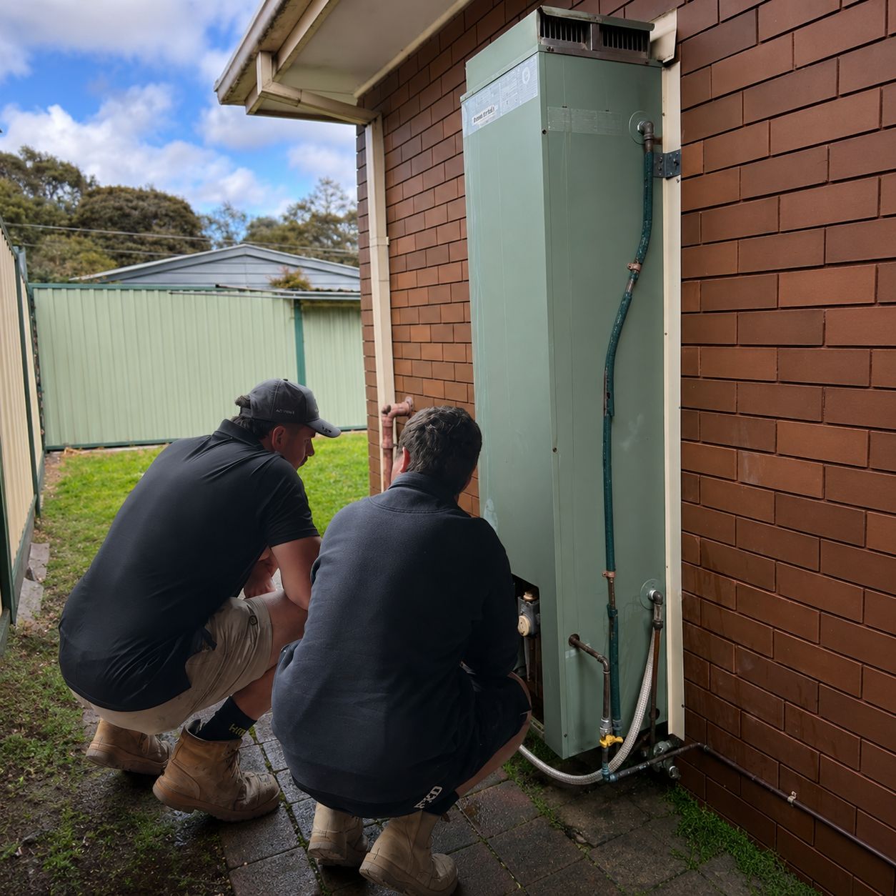 Two Outright Plumbing plumbers crouched beside an external gas hot water tank, checking its pipework and connections
