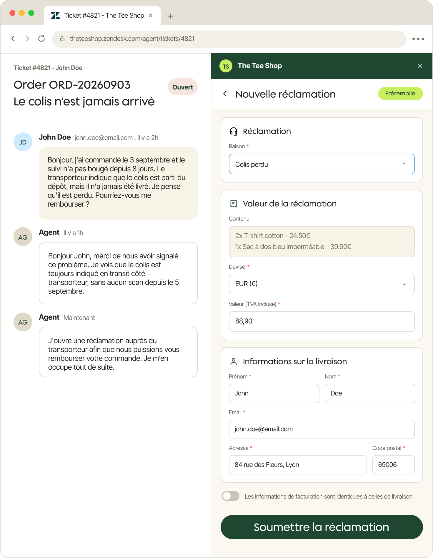 Liste des litiges dans Shipup : référence, motif, jours écoulés, statut, montant et remboursement estimé