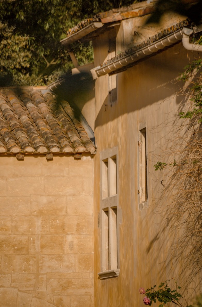 Façade haute du Mas des Prêcheurs, à Tarascon, vue sur la bâtisse en pierre et son architecture provençale dans un cadre paisissant.