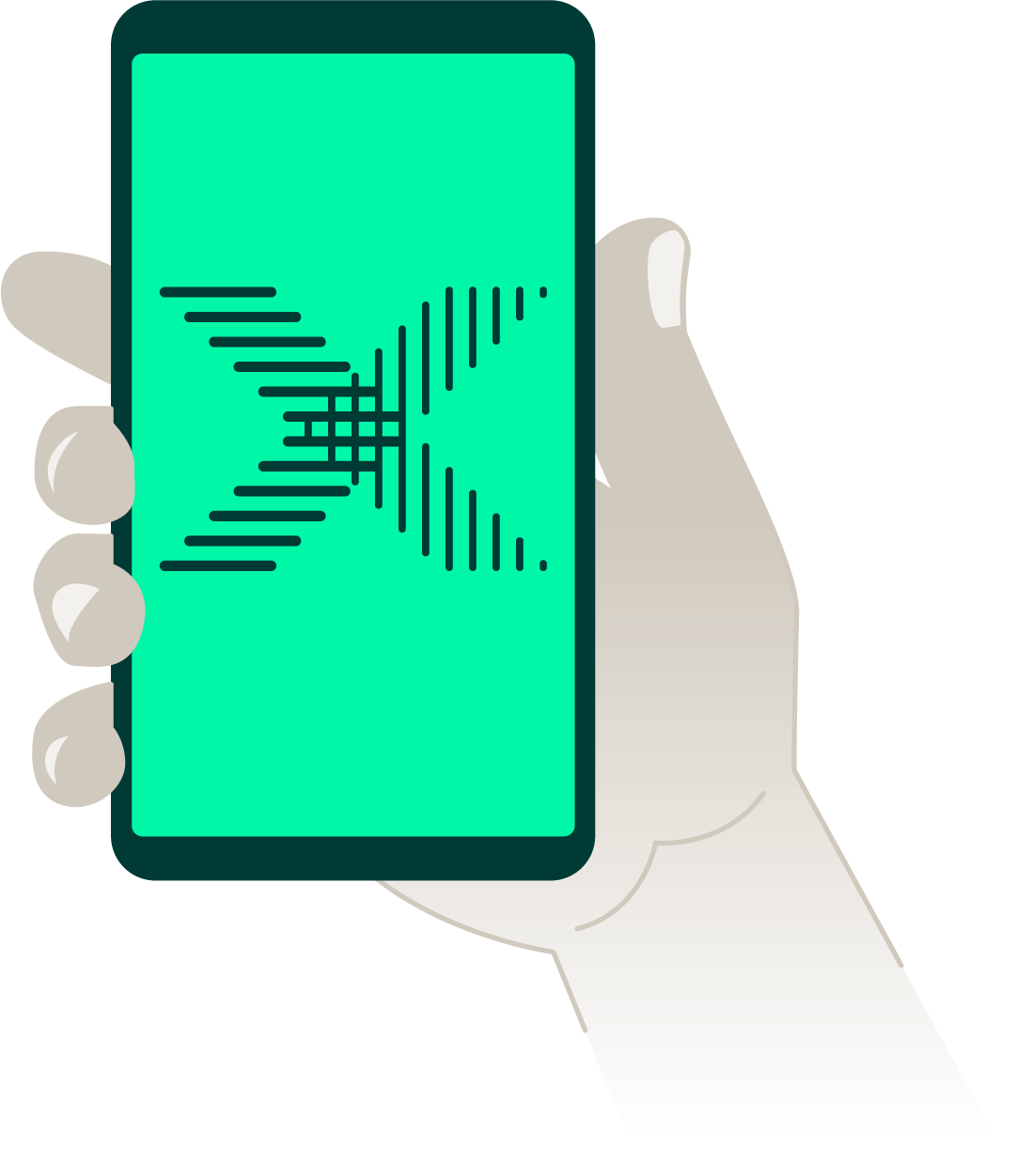 An illustration of a hand holding a phone which has the RafX "X"-symbol on it