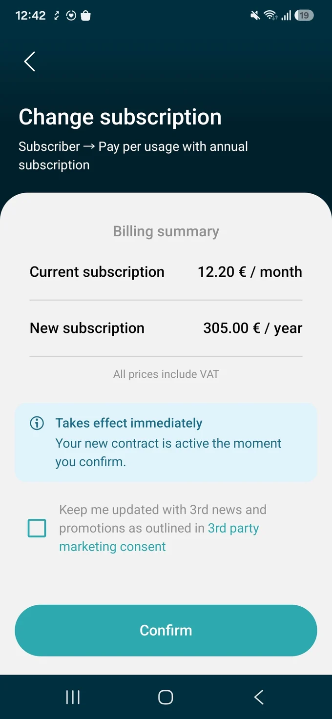 Ocean driver app on Android showing a change of subscription to an annual plan with the billing summary