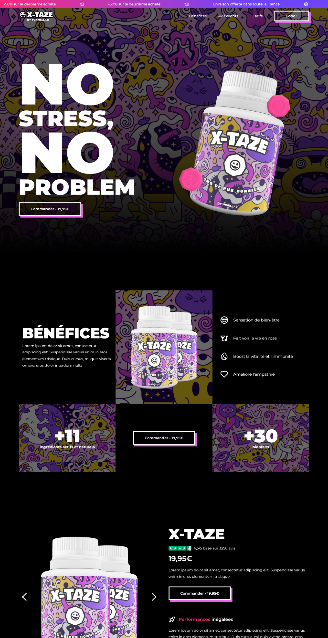 Product page for X-Taze supplement featuring a bottle with colorful purple and yellow design, benefits listed in French, and order buttons priced at 19,95€.