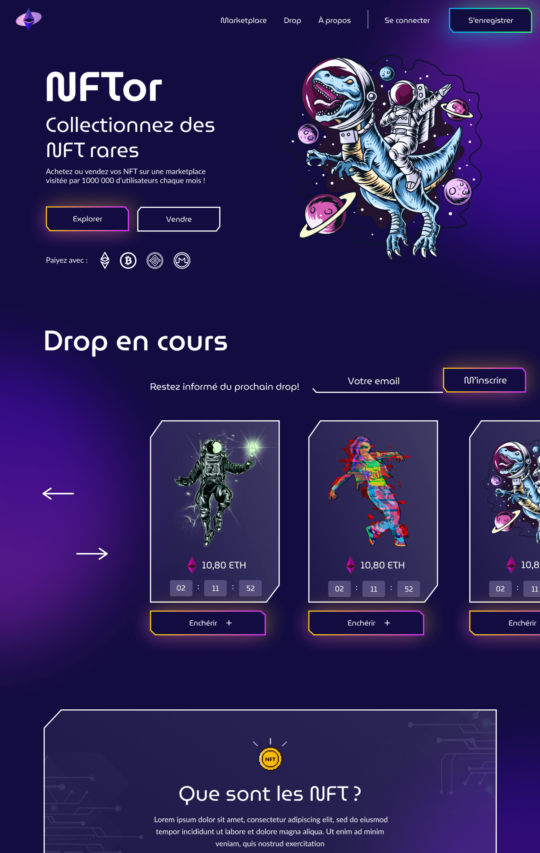 NFTor marketplace webpage featuring a spaceman riding a blue dinosaur astronaut illustration, buttons to explore and sell NFTs, current NFT drop cards with countdown timers and bids in ETH, and a newsletter signup form.