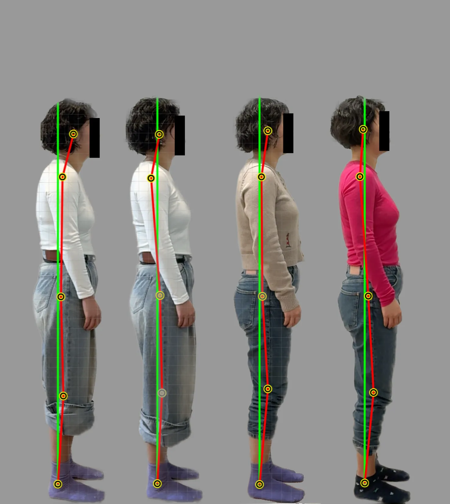 Four side-view posture comparisons showing changes in head and body alignment