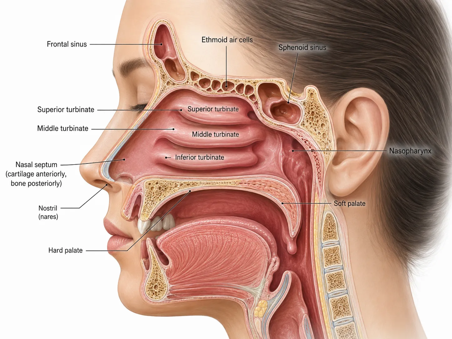 Anatomical side-view illustration of the nasal cavity and sinuses