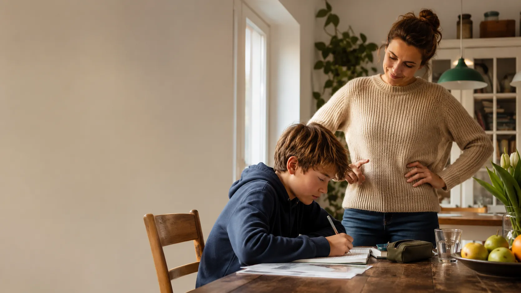 Parent supporting a child doing schoolwork at the kitchen table