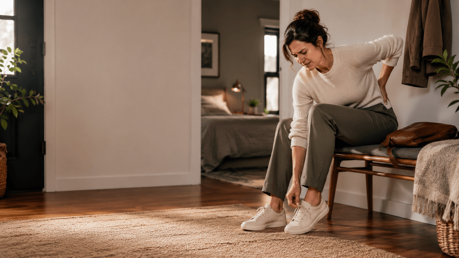 Woman experiencing back discomfort while bending forward to tie her shoe
