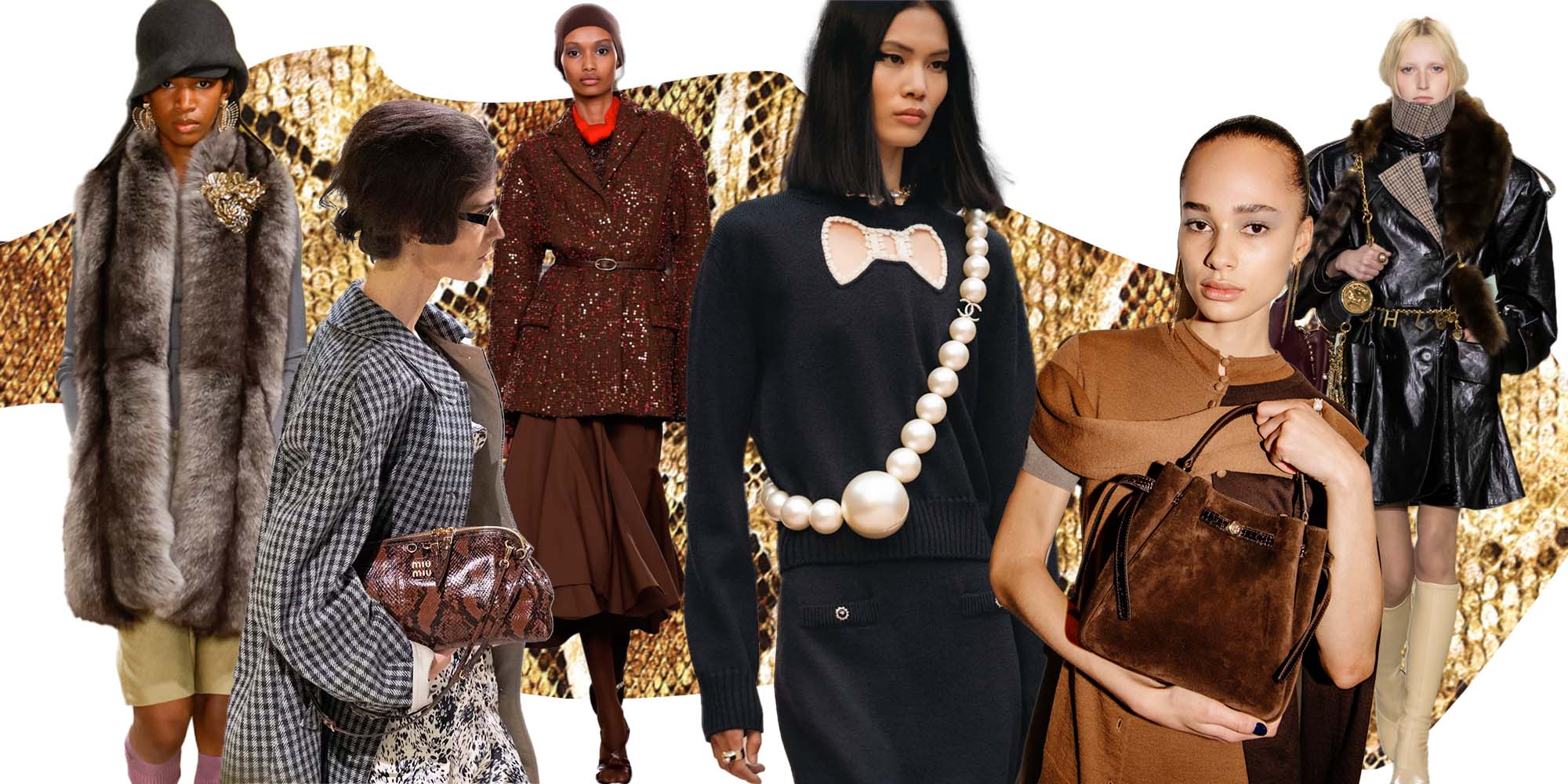 collage of Autumn/Winter 25 models from Miu Miu, Tory Buch, Chanel and Chloé