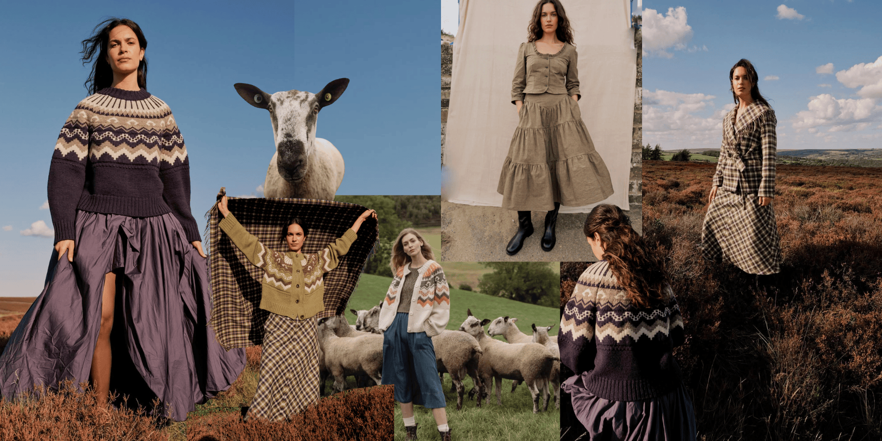 collage of Herd models wearing knitwear in countryside